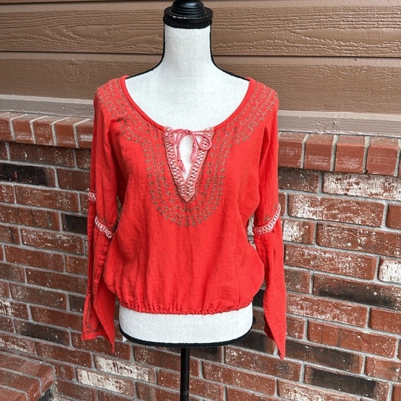 FREE PEOPLE Orange Linen Blend Long Sleeve Boho Crop Blouse Top Size Medium - Picture 1 of 9